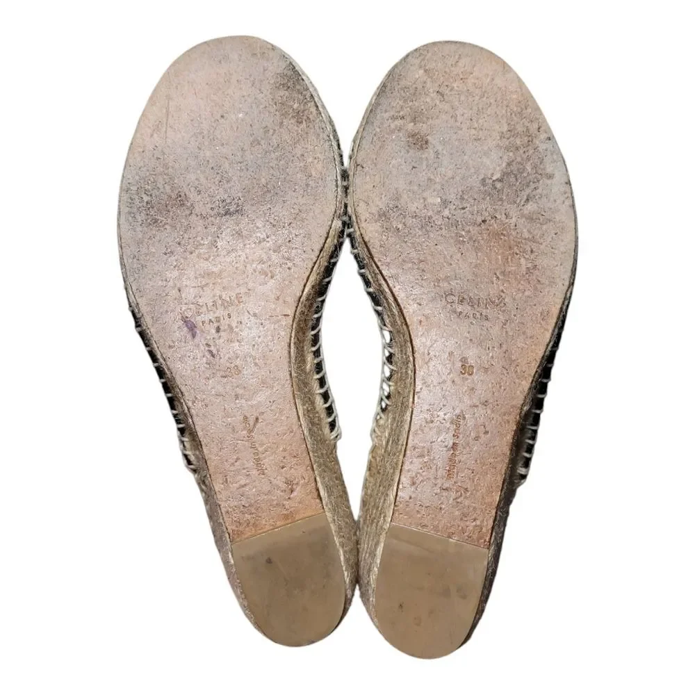 Celine Paris French Girl Crosta Fossil Black Leather Espadrille Wedge Sandals